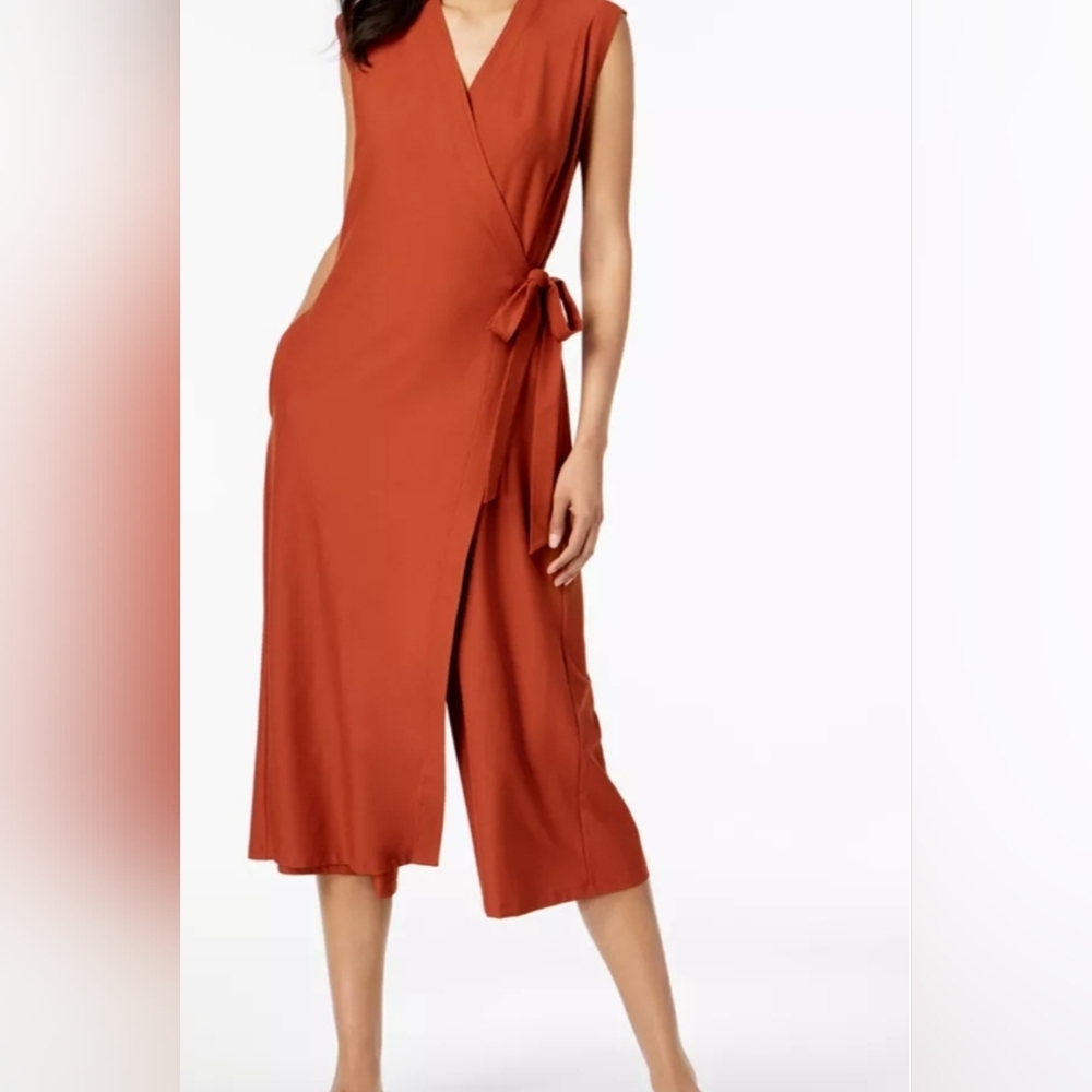 Eileen Fisher Petite Wrap Jumpsuit Crepe Wide Leg Deep Pekoe Rust Cropped PP - Picture 2 of 8